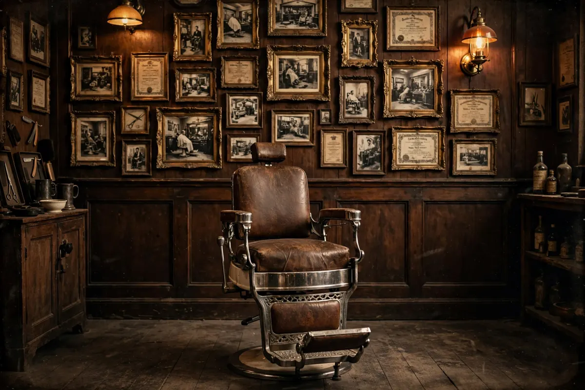 Vintage barber chair in front of a wall of framed shop photographs and certificates