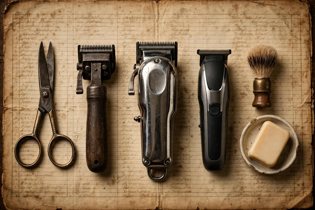Vintage barber tools laid out on aged ledger paper: hand shears, hand clippers, chrome electric clipper, precision trimmer, shaving brush